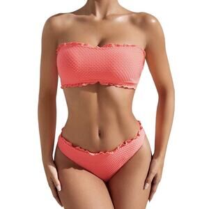 WDIRARA Women's L Coral Orange Bikini Textured Strapless Bandeau Top & Bottom